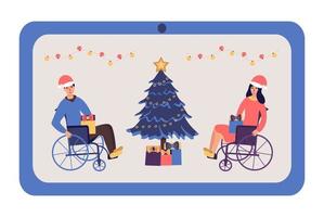 pessoas com deficiência estão comemorando o natal online. vetor de desenho animado