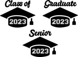 pacote svg de graduação 2023 boné de formatura classe svg de 2023 modelo de design preto e branco, adesivo de janela de carro, pod, capa, fundo preto isolado vetor