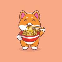 cachorro fofo em pé comendo macarrão ramen com ilustração de ícone de desenho animado de pauzinhos vetor