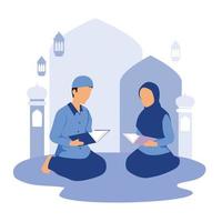 ilustração islâmica de casal muçulmano lendo o Alcorão juntos vetor