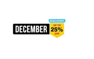 Oferta de desconto de 25% em dezembro, liberação, layout de banner de promoção com estilo de adesivo. vetor