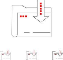 pasta download seta de computação em negrito e conjunto de ícones de linha preta fina vetor