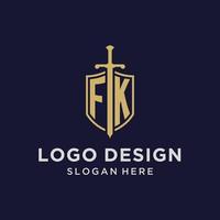 monograma inicial do logotipo fk com design de escudo e espada vetor