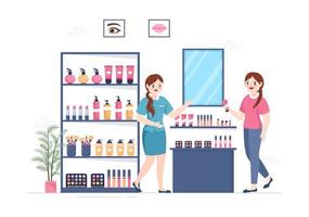 loja de cosméticos com cuidados com a pele para meninas, cosméticos, perfumes, maquiagem e produtos de beleza escolhidos na ilustração de modelos desenhados à mão de desenhos animados planos vetor