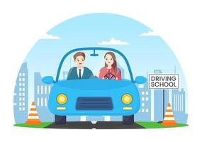 escola de condução com processo educacional de treinamento de carro e aprender a dirigir para obter carteira de motorista em ilustração de modelos desenhados à mão de desenho animado plano vetor