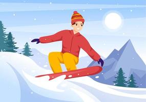 snowboard com pessoas deslizando e pulando no lado da montanha de neve ou declive dentro da ilustração de modelos desenhados à mão de desenhos animados planos vetor