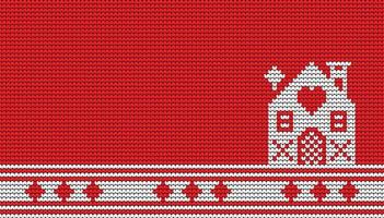 fronteira de casa de padrão sem costura de tricô em fundo vermelho, fronteira de padrão étnico feliz natal e cartaz de vetor de dias de inverno feliz