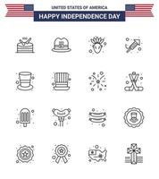 feliz dia da independência dos eua conjunto de pictogramas de 16 linhas simples de boné de chapéu mágico festival americano nativo americano editável dia dos eua vetor elementos de design