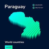 mapa 3d do paraguai. mapa vetorial listrado isométrico neon estilizado nas cores verde, turquesa e menta vetor