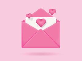 carta de envelope aberto de ícone de vetor 3D, carta de correio com coração vermelho. elementos realistas para design romântico