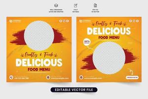 design de modelo de menu de comida deliciosa em um fundo laranja para marketing de mídia social. vetor de postagem de mídia social de comida especial para promoção de restaurante. design de cartaz de menu de comida fresca com efeito de pincel.