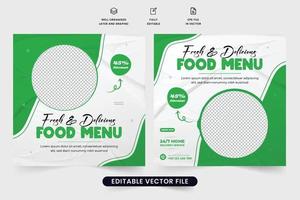 design de modelo de banner web de anúncio de menu de comida fresca com formas abstratas. design de cartaz promocional de menu de comida de restaurante com cores verdes e brancas. design de postagem de mídia social de menu de comida criativa. vetor
