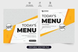 vetor de modelo promocional de menu culinário para marketing de mídia social. design especial de banner da web de promoção de alimentos com cores escuras e amarelas. modelo de promoção de comida vetor de pôster de mídia social para restaurante.