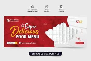 design de banner de anúncio on-line de menu de comida super deliciosa para marketing de mídia social. vetor de banner web comercial com cores vermelhas e amarelas para restaurantes. design de capa de mídia social de menu de comida.