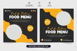 design de pôster de desconto de menu de comida de restaurante para marketing de mídia social. modelo promocional de negócios de alimentos especiais para pedidos online. vetor de postagem de mídia social de menu de comida com cores escuras e amarelas.