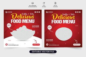 modelo de postagem de mídia social de menu de comida saudável para promoção de restaurante. design especial de banner web de desconto de menu de comida com cores brancas e amarelas em fundos vermelhos. anúncio de negócio de restaurante. vetor