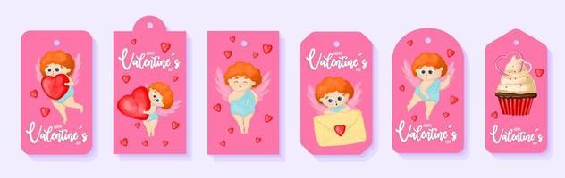 etiquetas de presente com anjos e corações. tags para o dia dos namorados. cupido helper.funny personagem de anjo cupido com asas. corações vermelhos. embalagem de presente. vetor