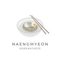 logotipo de ilustração de macarrão coreano frio naengmyeon pronto para comer vetor