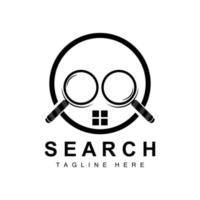 design de logotipo de pesquisa, ilustração de detetive, pesquisa em casa, lente de vidro, vetor de marca da empresa