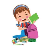 garoto bonito e feliz prepare a bolsa para a escola vetor
