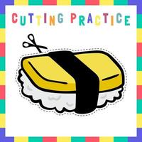 jogos de educação para crianças cortando prática de folha de trabalho para impressão de comida japonesa de vetor fofo