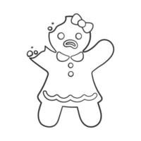 biscoito de menina de gengibre com ilustração de desenhos animados de doodle de contorno de mordida. atividade de página de livro para colorir de tema de comida de natal de inverno engraçado para crianças. vetor