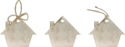 conjunto de etiquetas de papel kraft aquarela em forma de uma casa isolada no fundo branco. rótulos de compras com cordas. ilustração de etiquetas de rótulo kraft de venda vazia bege vetor