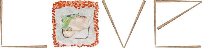 ilustração em aquarela de amante de sushi. amor mundial com pauzinhos e california roll vetor