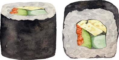 aquarela maki sushi e rolo com lado tamago e vista superior no fundo branco. vetor