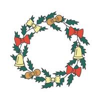 guirlanda de natal com ramos de arco, sino, pinheiro e abeto, doodle desenhado à mão. cartão postal decorativo de natal e feliz ano novo. ilustração vetorial vetor