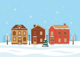 casas de paisagem de inverno decoradas guirlanda do lado de fora com abeto, estilo doodle. mão desenhada interior do edifício nevado com abeto. feriado de natal de inverno e celebração. ilustração vetorial vetor