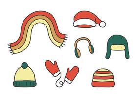 chapéu e cachecol em tempo frio, conjunto de esboço de doodle de cor. chapéus e lenços desenhados à mão, boné vermelho de natal, fones de ouvido. roupas de cocar para o inverno. ilustração vetorial vetor