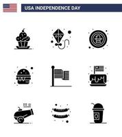 4 de julho eua feliz dia da independência ícone símbolos grupo de 9 glifos sólidos modernos de comida americana distintivo rápido americano editável dia dos eua vetor elementos de design