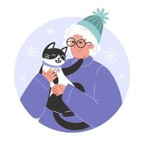 retrato de inverno com mulher sênior e seu gato em estilo simples vetor