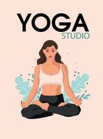 benefícios de saúde de ioga do corpo, mente e emoções. bela jovem em pose de lótus, ilustração vetorial plana. vetor