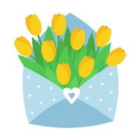 envelope com flores. tulipas amarelas. ilustração vetorial para o dia da mulher e das mães. vetor