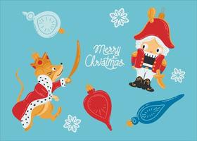 personagens de um quebra-nozes de conto de fadas infantil e brinquedos de natal. o rei dos ratos e o quebra-nozes. design de cartão de férias. ilustração colorida do Natal do vetor. ilustração de ano novo. vetor