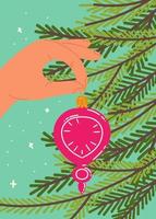 uma mão com um brinquedo de natal decora a árvore de natal. ilustração com ramos de abeto. ilustração artística vetorial para cartões postais, banners e impressão. fundo de feliz feriado. vetor