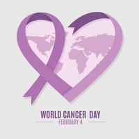 conceito de banner de conscientização do dia mundial do câncer. 4 de fevereiro para o dia do câncer. fita roxa para sinal de câncer. vetor