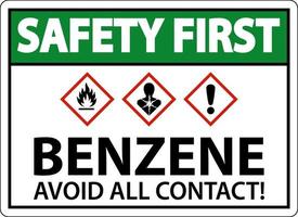 segurança primeiro benzeno evite todos os sinais de ghs de contato no fundo branco vetor