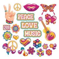 elementos hippie com paz amor vetor