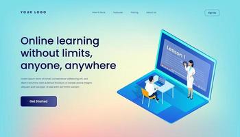 aprendizado on-line sem limites, qualquer pessoa, em qualquer lugar, modelo de página de destino com fundo gradiente e interface de usuário da web de desktop de ilustração vetorial 3d isométrica vetor