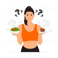 garota confusa escolhendo comida para ilustração de dieta vetor