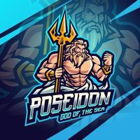 Design do logotipo do mascote poseidon esport com arma tridente vetor