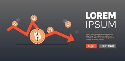 seta para baixo de criptomoeda e queda de queda de preço de bitcoin colapso de perda de criptografia risco de investimento crise ilustração vetorial plana. vetor