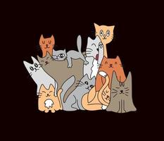 muitos gatos bonitos e coloridos. fundo de gatos. gatos fofos e engraçados doodle conjunto de vetores. coleção de personagens de desenho animado de gato ou gatinho em estilo plano em poses diferentes vetor