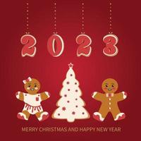 um cartão de feliz natal. biscoitos de gengibre na forma de um boneco de neve, uma árvore de natal e bonecos de gengibre e vários brinquedos de árvore de natal. comemorando ano novo e natal vetor