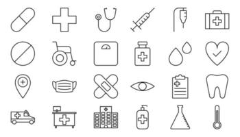 hospital e conjunto de ícones de cuidados médicos. traços editáveis fáceis. ilustração vetorial. eps 10. vetor