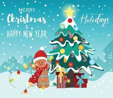 feliz natal e feliz ano novo cartão brilhante ilustração vetorial guirlandas e presentes de árvore de biscoito vetor