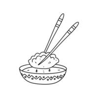 gyoza e pauzinhos vetor em estilo doodle desenhado à mão. ilustração vetorial de comida chinesa.